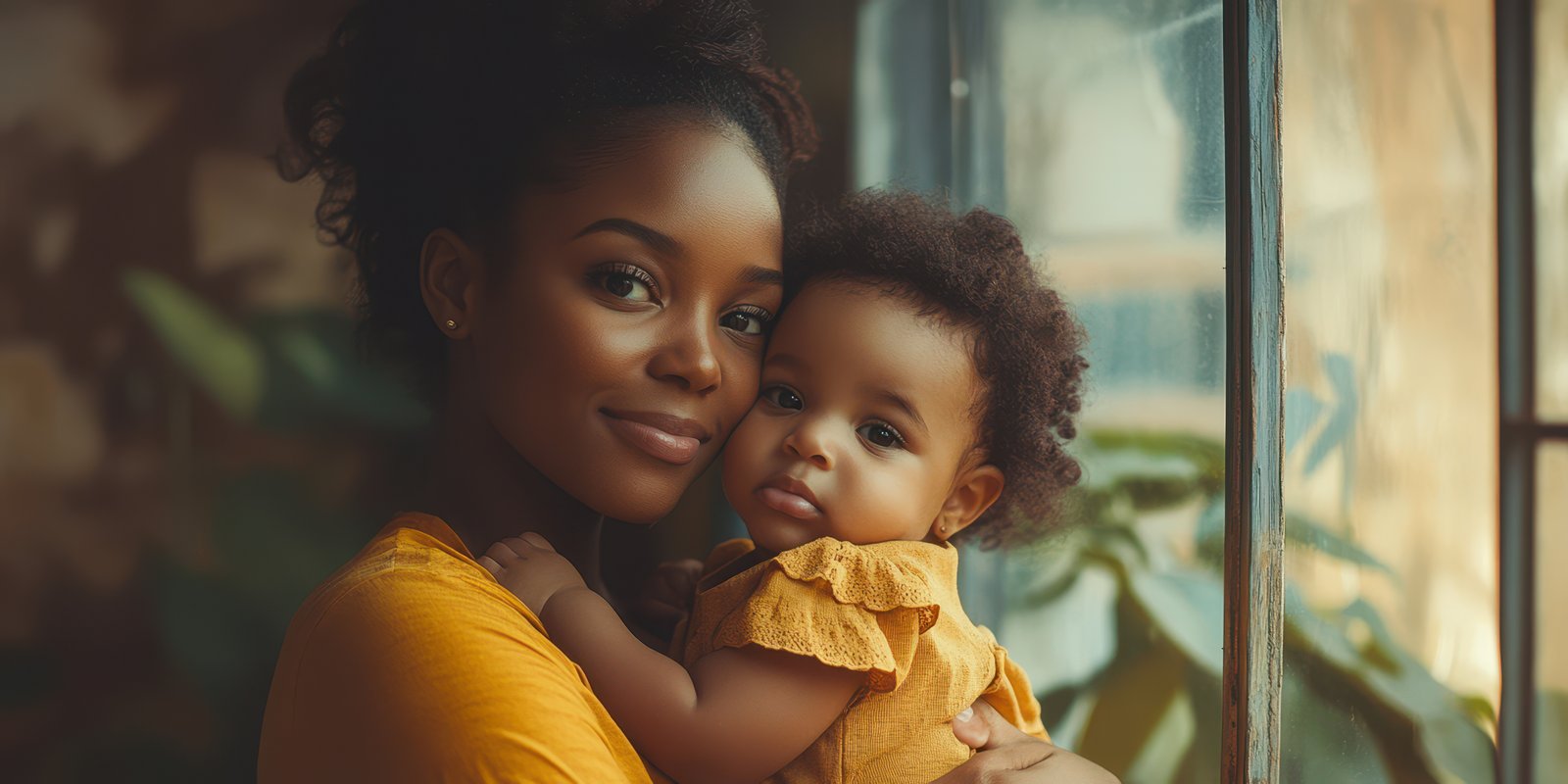 Mother and baby sharing a tender moment at home in soft afternoon light